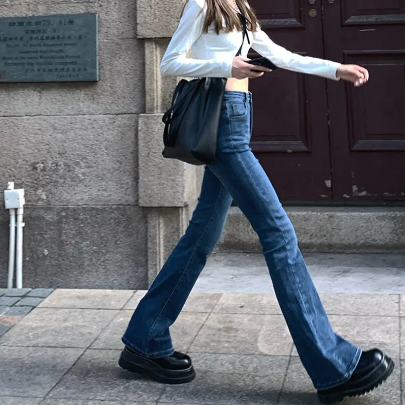2023 New Fall Summer Flared Jeans Women\'s Blue Straight Slim Body High Waist Vintage Pants Female Korean New Solid Color Trouser
