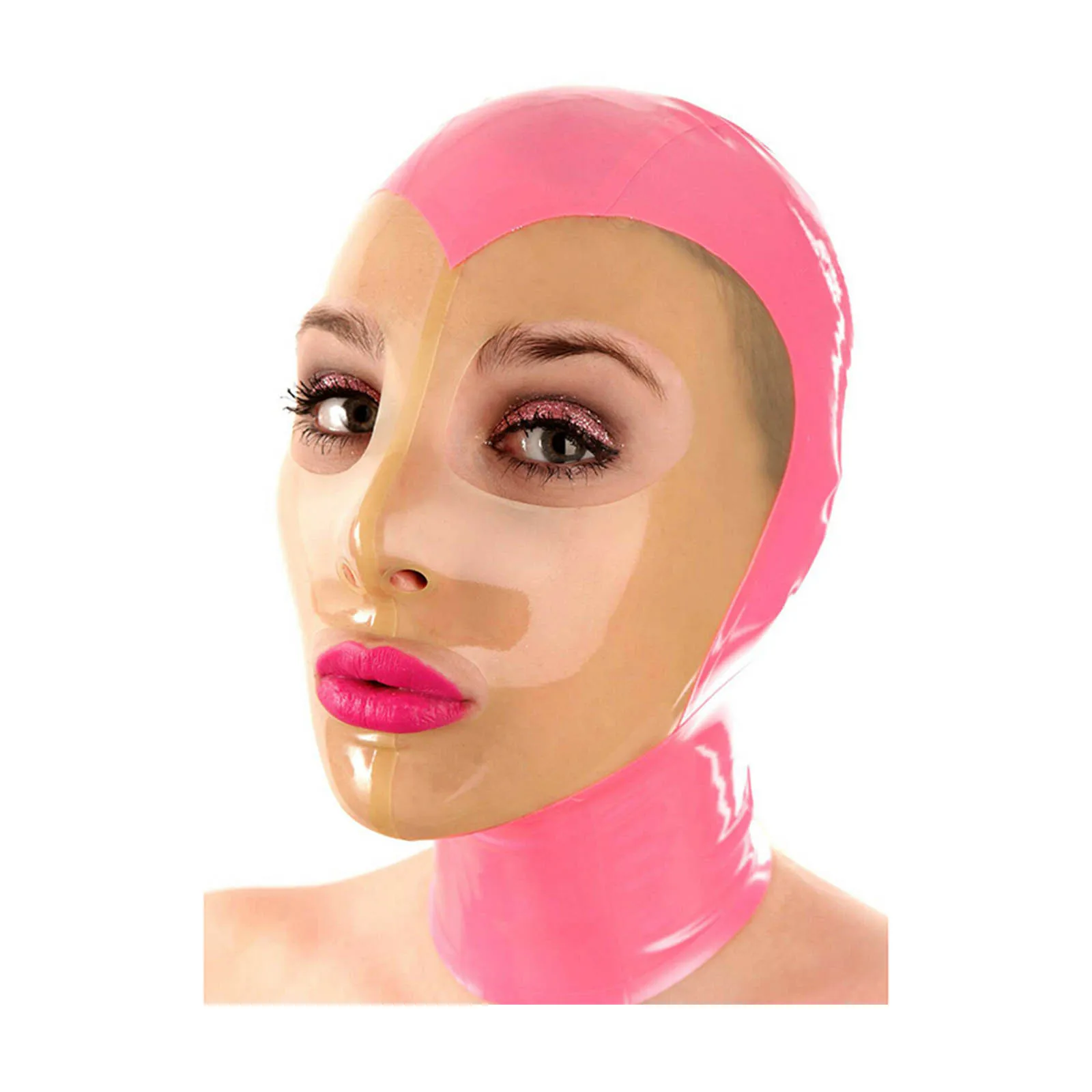 

MONNIK Full Cover Latex Rubber Hood Mask Open Eyes&Mouth Pink &Transparent with Rear Zipper Handmade for Catsuit Party