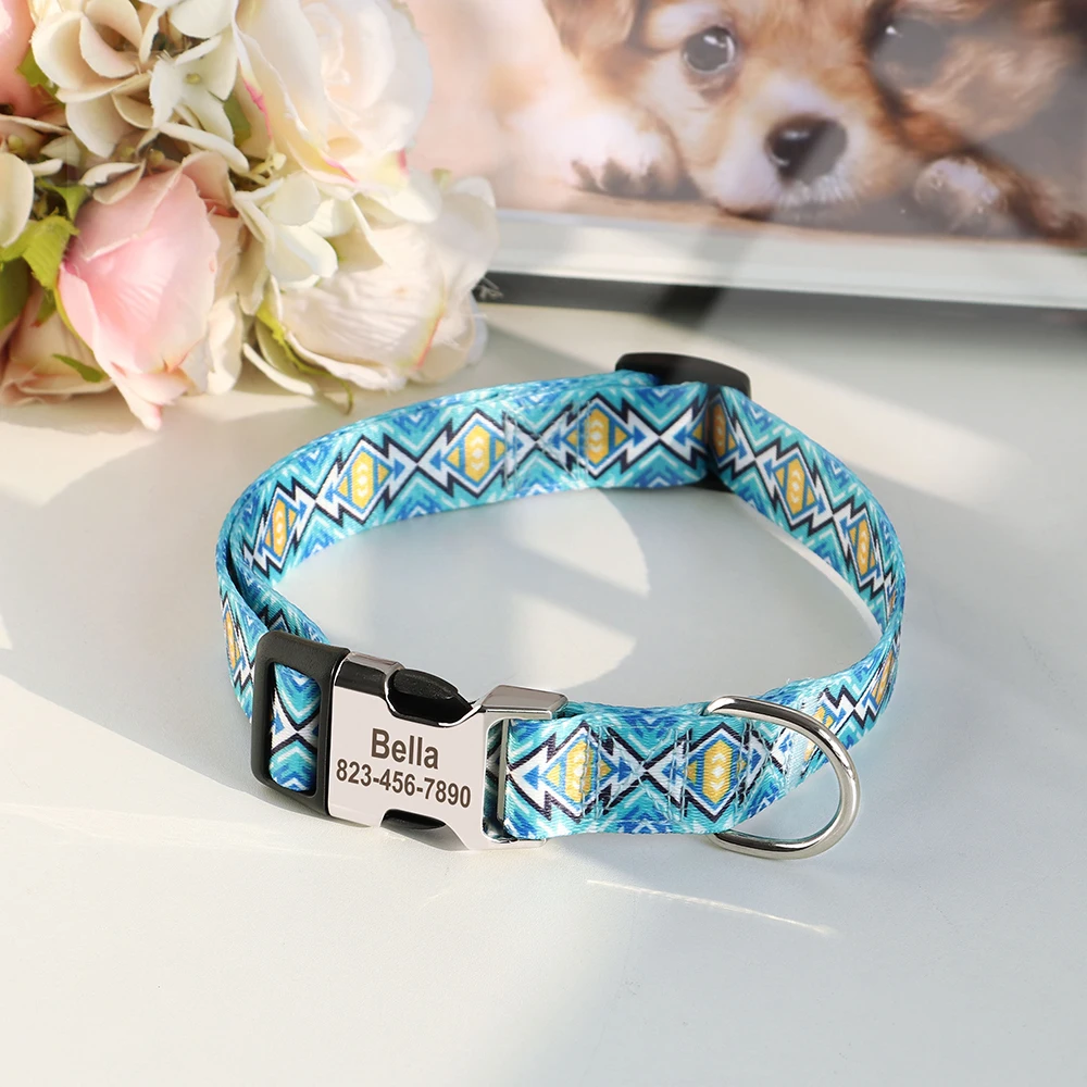 Nylon Printed Dog Collar Customized Dog Name Collars Personalized Pet Buckle Collar Free Engraved Pet Name Phone Number For Dogs