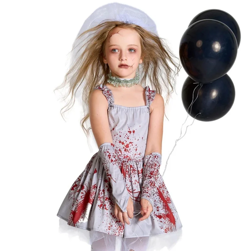 Halloween Corpse Bride Scary Girls Cosplay Costume Kids Children Bloody Walking Dead Zombie Carnival Party Role Play Dress Up UY