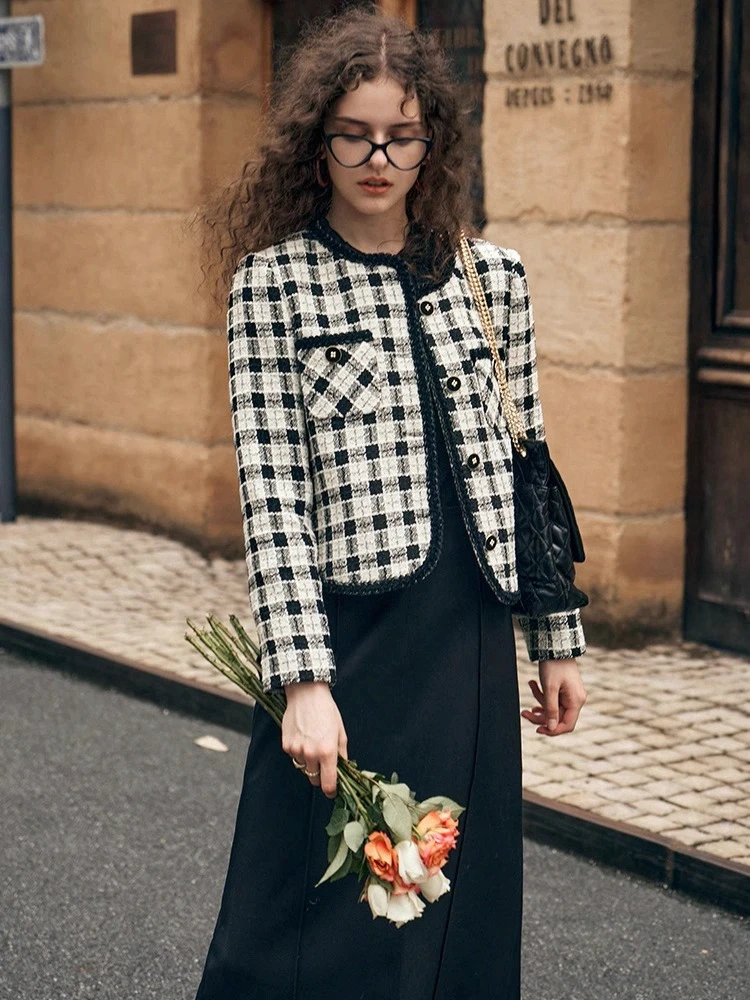 

OLrain элегантные клетчатые куртки для женщин, осень 202, новое модное темпераментное пальто с круглым вырезом, женская одежда G23QW85612