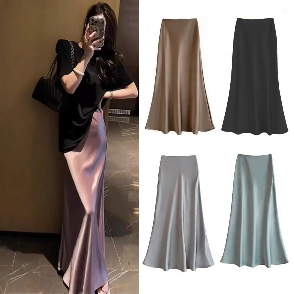 

A-line Style Skirt Elegant High Waist Fishtail Skirt Smooth Satin Fabric A-line Style Women's Wrapped Skirt for Spring Summer