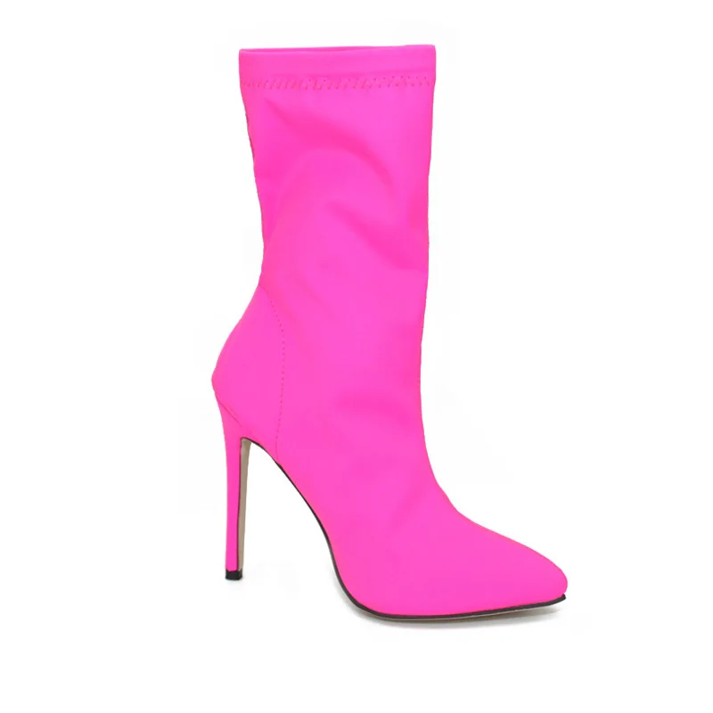 Women Shoes Pointed Toe Elastic Boots Sexy Hot Pink and Black Color High Stretch 11.5 CM Heel Ankle Boots