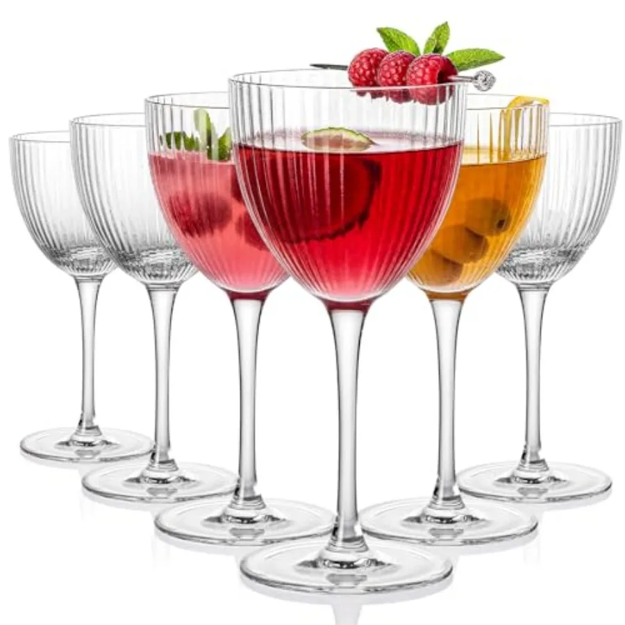 

Nick and Nora Cocktail Glasses - Coupe Glasses Set of 6 Vintage Ribbed Martini Glassware Crystal Cordial Cups for Whiskey Gin V