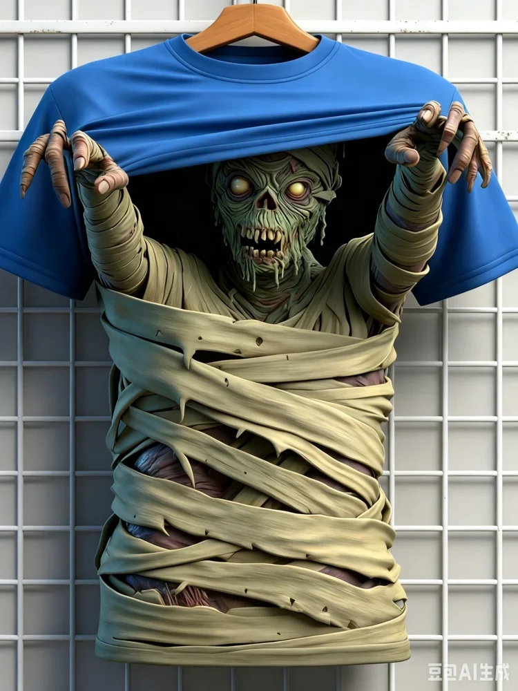Modisches Neues Herren 3D Mumien-Zombie-Print T-Shirt Rundhals Kurzarm Horror Casual Streetwear Tee Tops