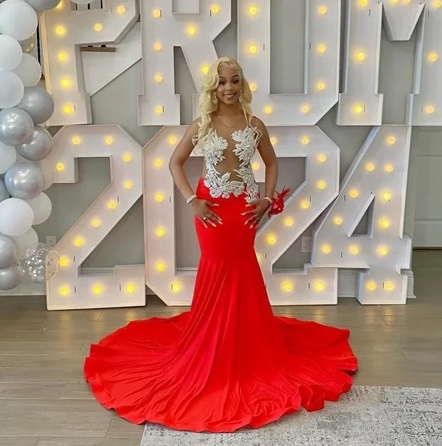 Red African American Prom Dresses For Black Girls Mermaid Sheer Beaded Crystals Robe De Soiree Evening Gown Customized