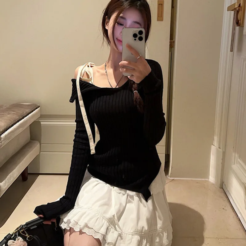 Sexy Off Pullover Shoulder Sweater Women Knitted Asymmetrical Slash Neck Lace Up Long Sleeve Striped Elegant Casual Loose Top