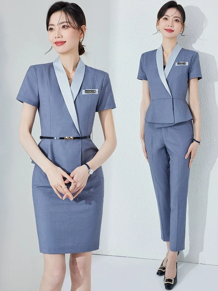 Summer Thin Suit Set for Women Professional Beauty Salon Jewelry Store Gold Shop Hotel Work Uniform Short Sleeve Formal Wear