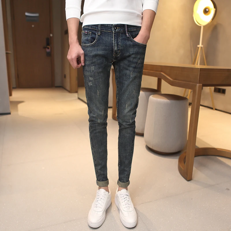 

Slim Fit Small Size Men's Jeans Korean Sle 27 Inch Long Trousers ort Men's Tight Leggings Cotton Elastic Denim