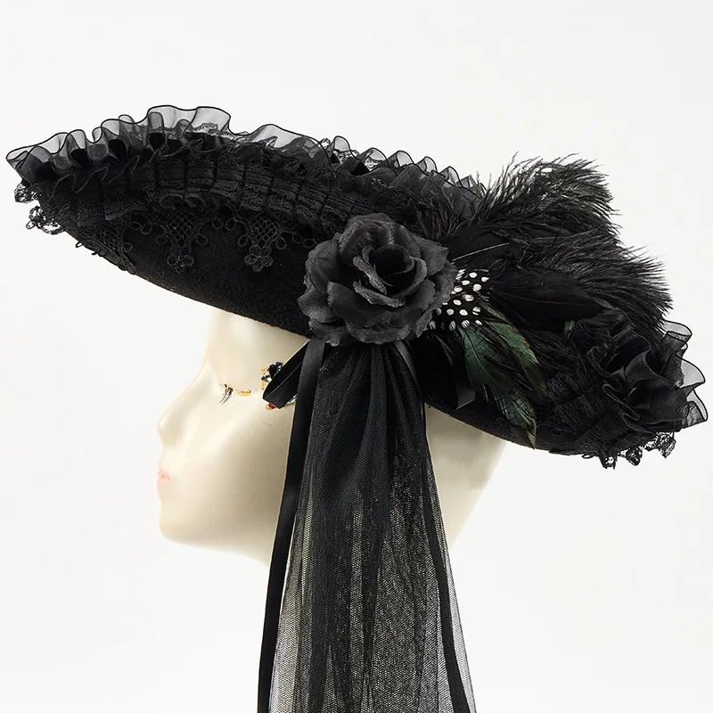 Halloween Pirate Cosplay Accessories Caribbean Captain Hat Halloween Party Dark Lace Mesh Feather Triangle Hat