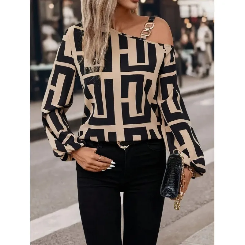 Elegant Geometric Printed Women's Blouse Spring 2025 New Product Slant Neck Off Shoulder Long Sleeve Hoodie Casual Shirt Ladies