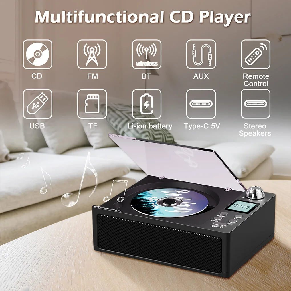 

Portable CD Player Retro Bluetooth Stereo Portable CD Player Built-in Speaker FM Radio USB/TF Card/earphone With Remote Control