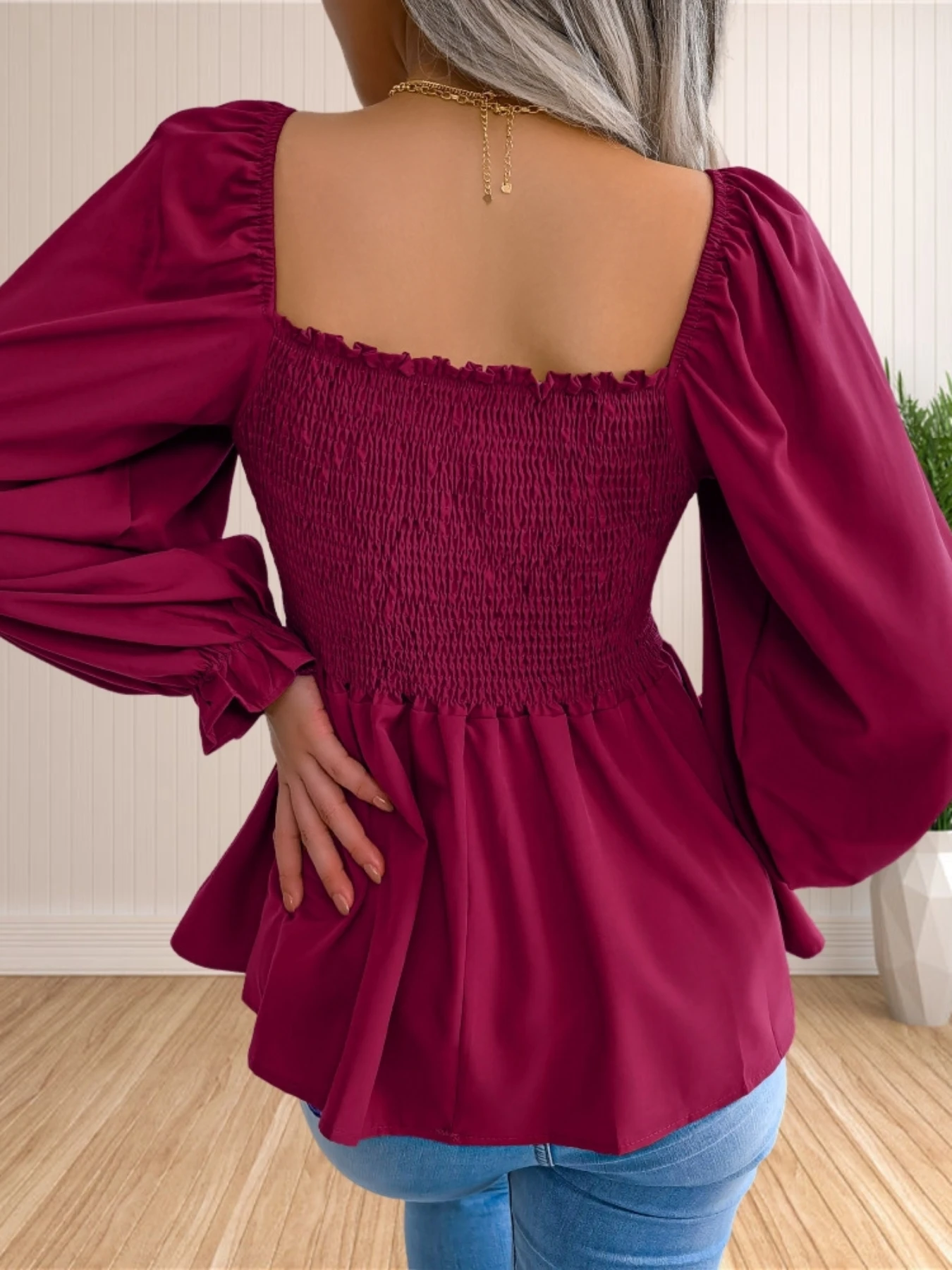 Women's Casual Long Sleeve Blouse Square Neck Smocked Ruffle Hem Slim Babydoll Shirt Tunics Tops