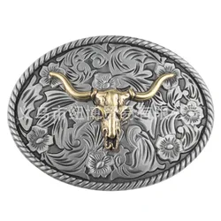 Western Denim Style Belt Buckle Golden Bull Headed Steed and Cross