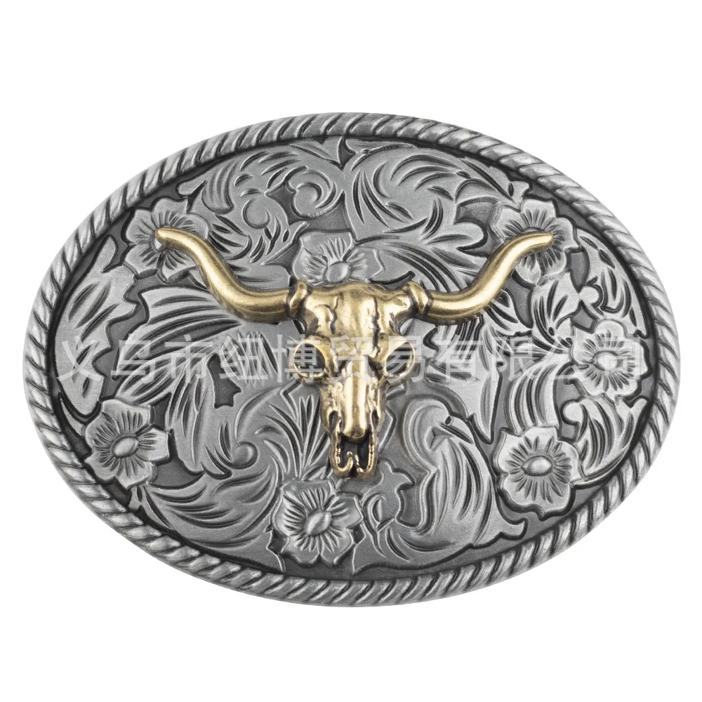 Western Denim Style Belt Buckle Golden Bull Headed Steed and Cross