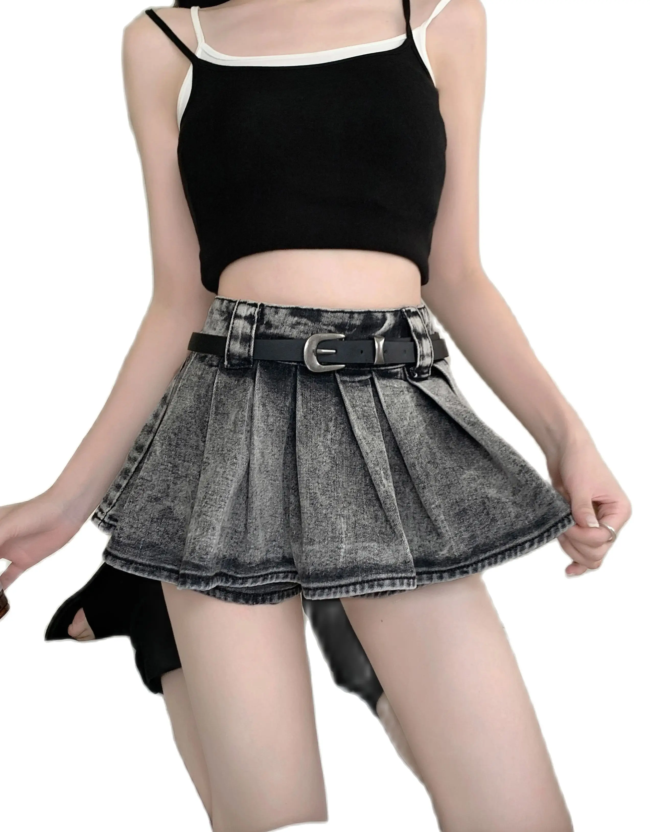 2024 New Washed Denim Shorts Women's Summer Elastic Slim Vintage Short Jeans Y2k Fashion Covering Crotch A-line Skirt