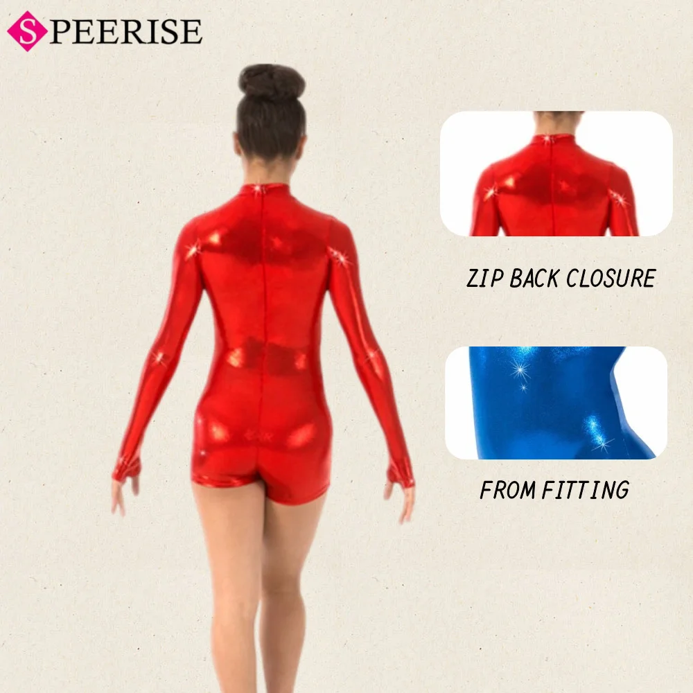 Kids Turtleneck Metallic Biketards With Thumbholes Girls Gold Gymnastics Leotards Shorty Unitard Dance  Halloween Costumes - Image 3