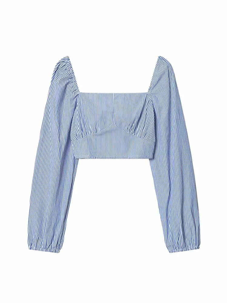 

HH Woman Early Spring Fashion Long Sleeves Pullover Square Collar Striped Decoration Short Tops Female Casual Comfortable Tops