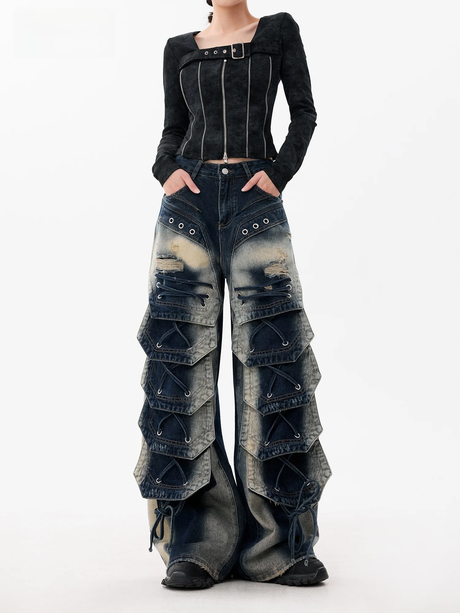 

Женские рабочие джинсы с широкими штанинами, утолщенные, в стиле ретро, синие, с эффектом потертости, пэчворк, в стиле панк, повседневные, осенне-зимние
