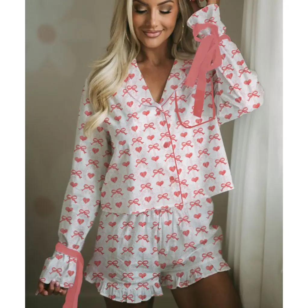 HEZIOWYUN Women\'s St. Patrick\'s Day Elements Print Bow Tied Satin Long Sleeve Button-down Crop Shirt Tops +Ruffled Hem Shorts