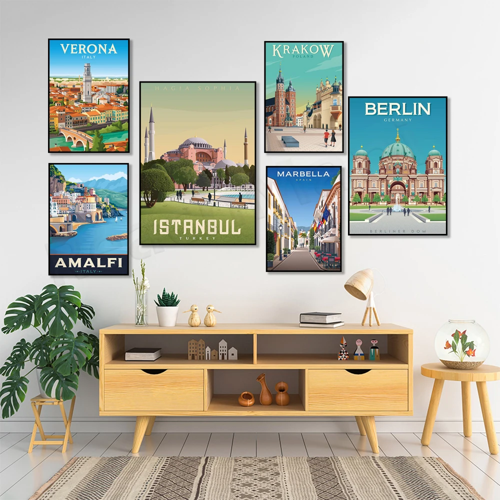 Амальфи, Марбелья, Испания, Рио-де-Жанейро, Берлин, Германия, Краков, Польша, Лондон, Италия, Альпы-на-мер, Французская Ривьера, Постер для путешествий,