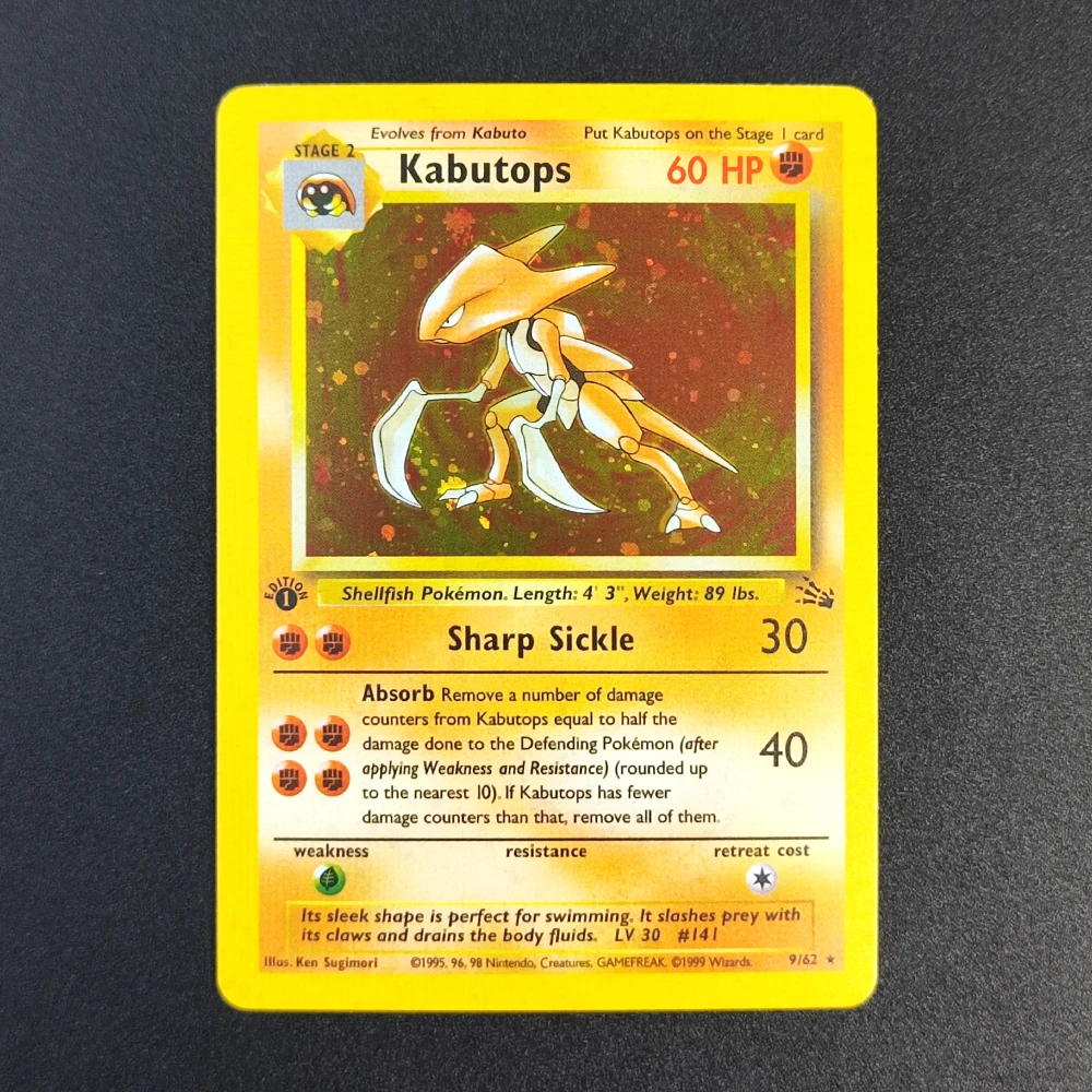 

Proxy Pokemon Card EN Fossil 1st Edition Kabutops 9-62 Super Rare Collectibles Card Single Classic Game Anime Cards Toys