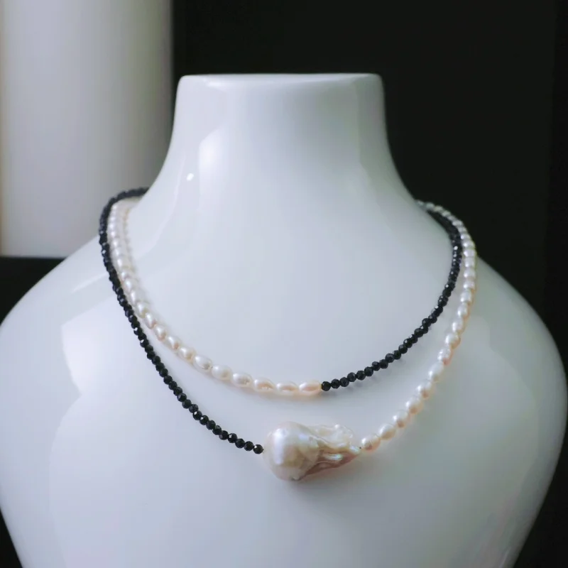 

SGARIT New Real Natural White Freshwater Pearl Necklaces Paired with Spinel for Women Girl 14k Filled Gold Buckle SN07