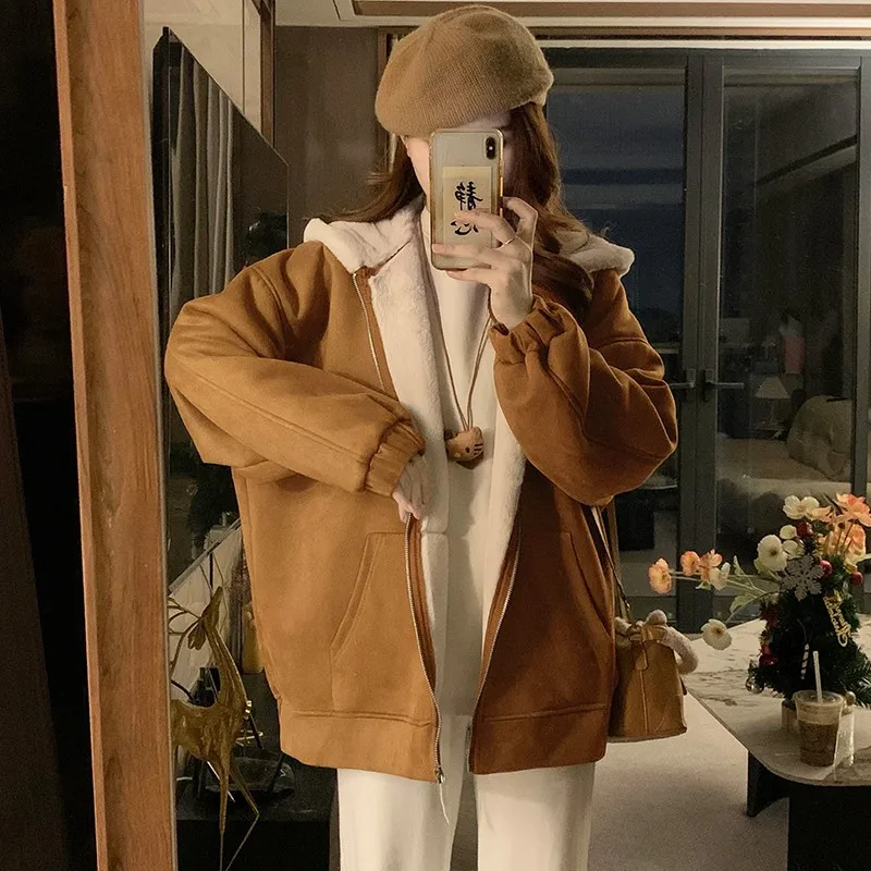 

Утепленные женские толстовки, осенне-зимний свитер из овечьего флиса, повседневные толстовки, свободные универсальные кардиганы на молнии, куртка, шерстяное пальто