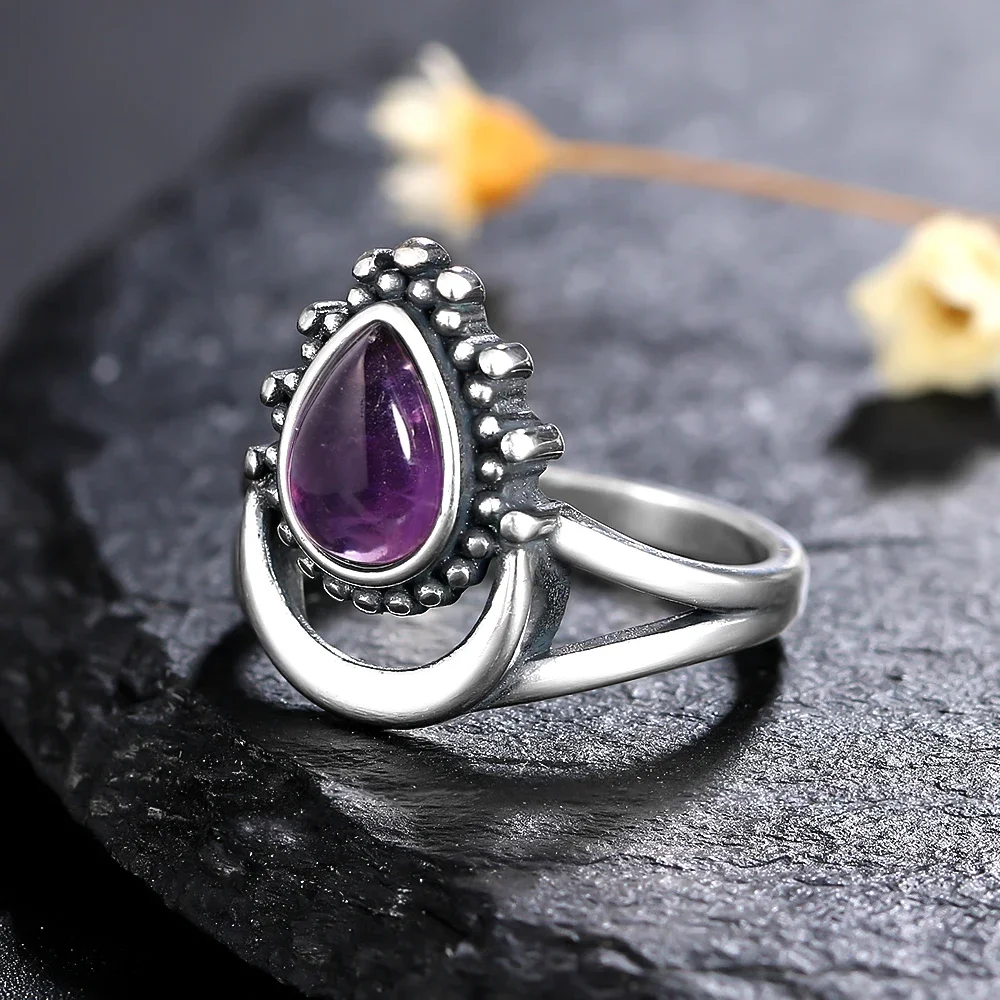 New Vintage 925 Silver Jewelry Finger Rings For Men Women 6*9mm Water Drop Natural Amethyst Wedding Anniversary Party Gifts