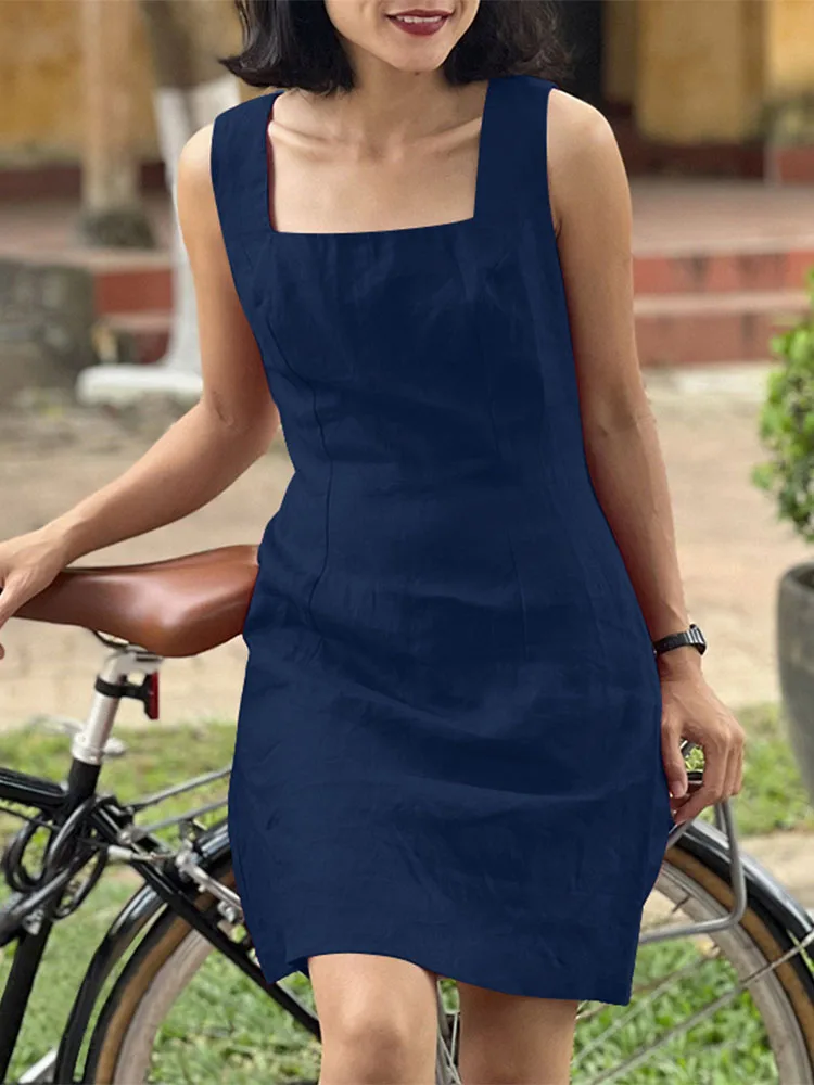 ZANZEA-túnicas cortas sin mangas de verano para mujer, minivestidos elegantes a la moda con cuello cuadrado, ropa de día, vestido informal ajustado sin mangas