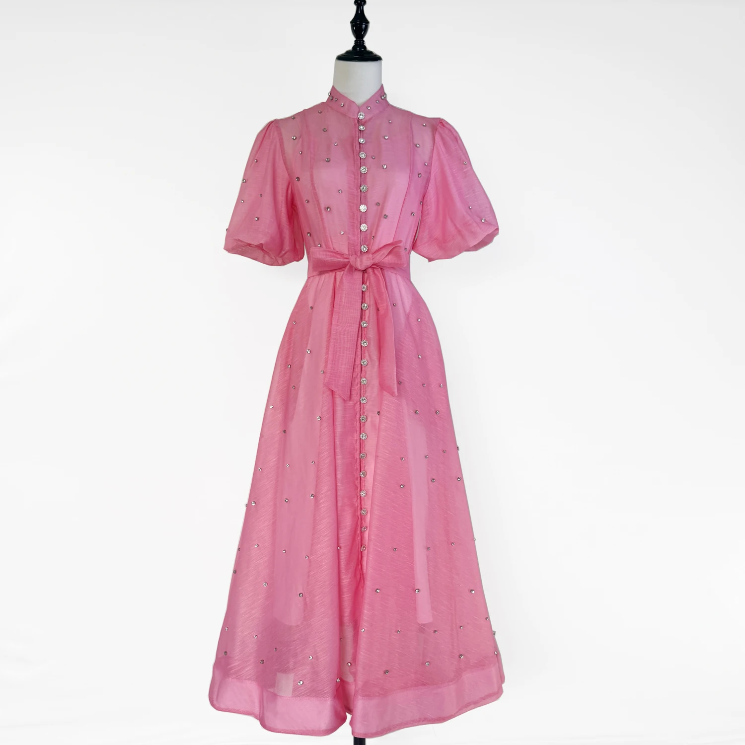 高級ビーズダイヤモンドイブニングウエディングドレス女性のためのスタンドカラーロングランタンスリーブシングルブレストベルト夏の女性の服