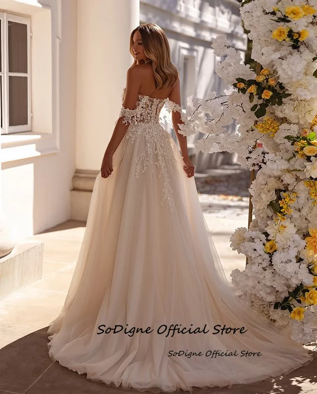 SoDigne Abiti da sposa a trapezio con spalle scoperte Sweetheart Appliques Abito da sposa in tulle Abito da sposa lungo Robe De Mairee ﻿ Personalizzato