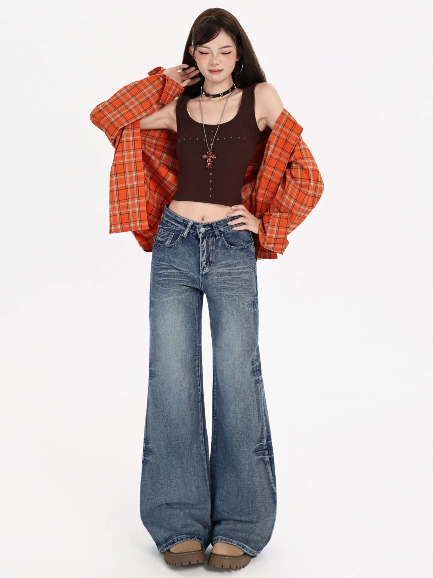 Plus Size American Sle Jeans a gamba larga a vita alta Donna Loose Fit Casual Taglio dritto Bootcut Pantaloni in denim Autunno Nuovi arrivi