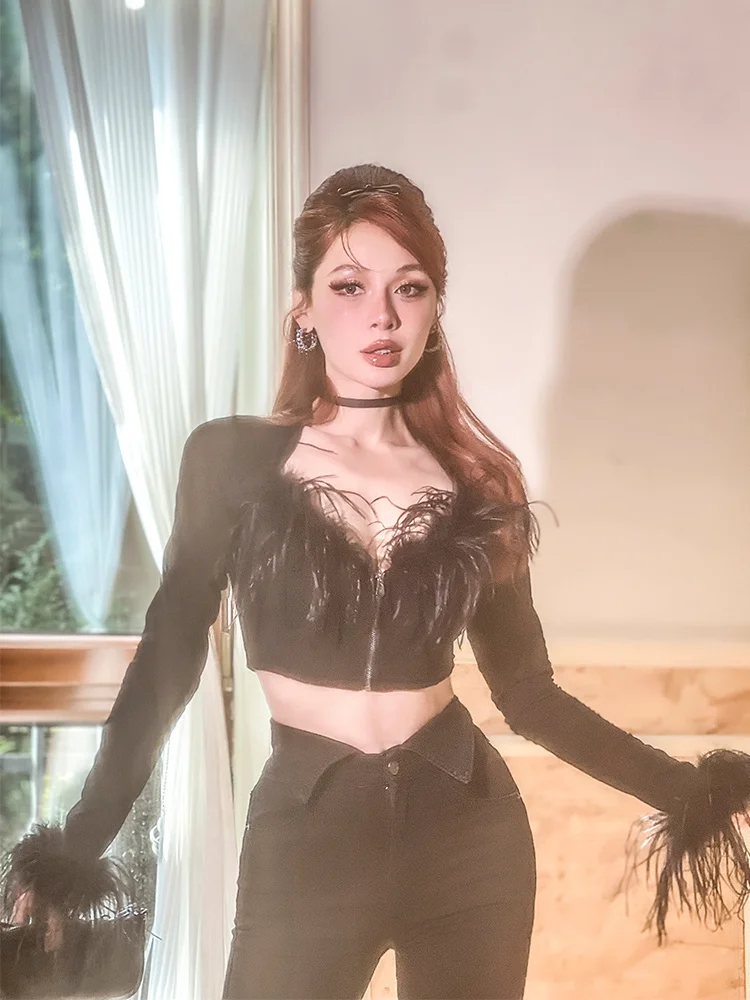 

Женская футболка Le Palais Vintage Original Heavyweight Luxury с перьями страуса, облегающая, черная, с эффектом похудения