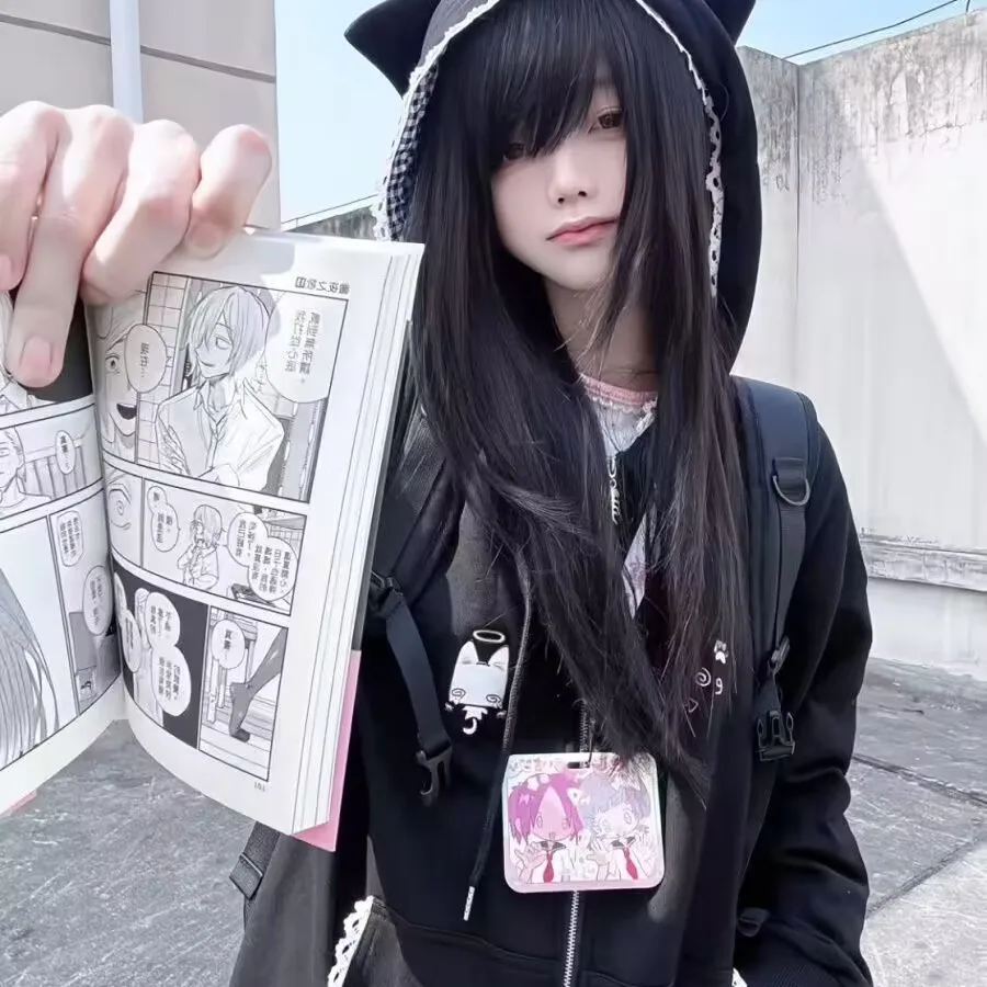 Cute  Ear Embroidered Thin Hoodie Jaet Women's Spring Summer Plaid Hat Sweatirt Student orm Straight Leg Pants