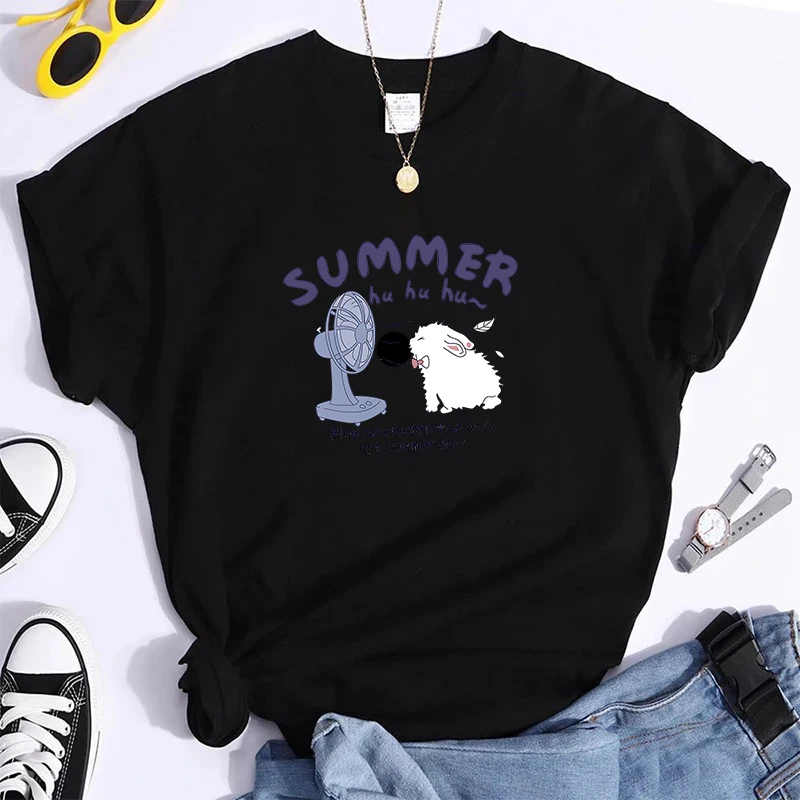 T-shirt girocollo tinta unita con stampa simpatico cartone animato in puro cotone 100%, top casual a maniche corte per tutte le stagioni, abbigliamento da donna