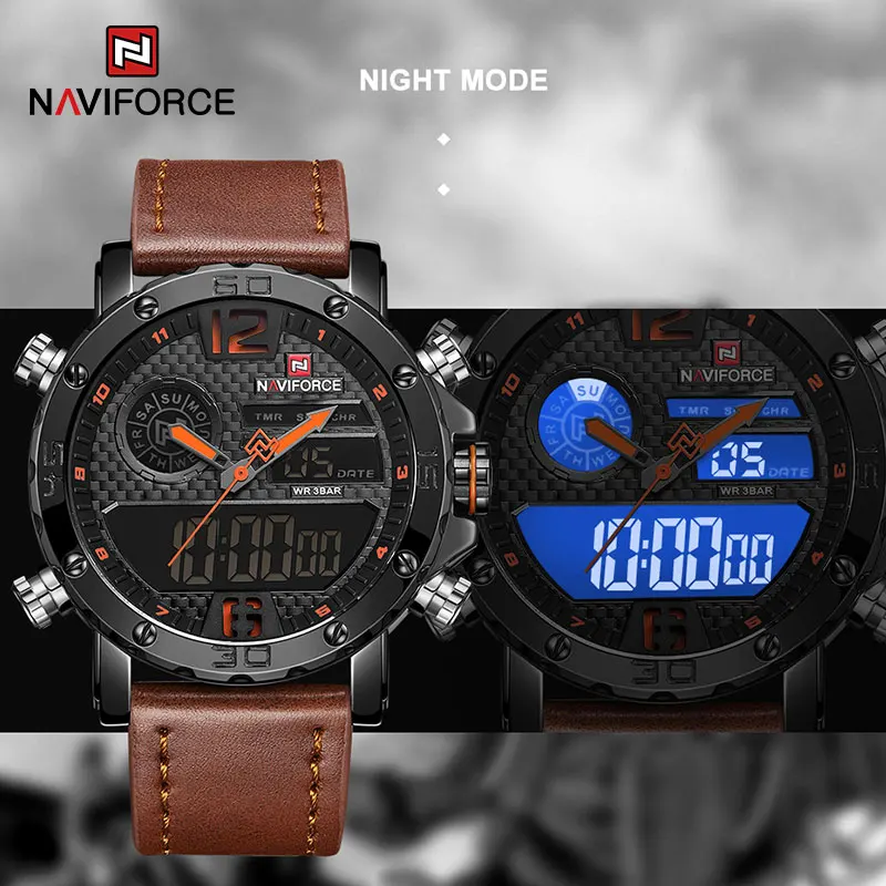 NAVIFORCE – Montre de sport pour homme, marque de luxe en cuir, à Quartz et affichage numérique LED, horloge étanche et style militaire pour