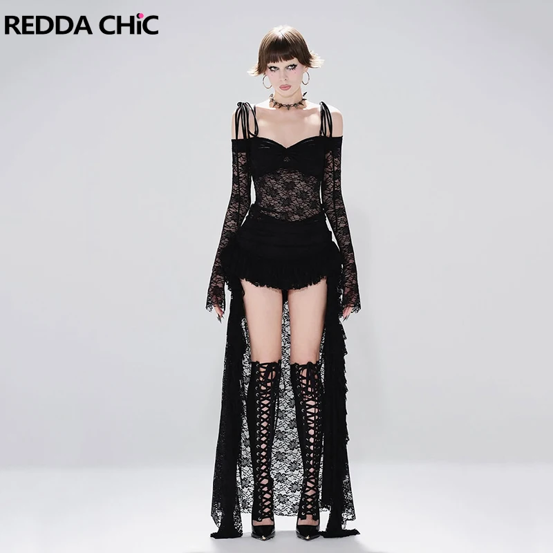 REDDACHiC ゴシックブラックレース トレインドレス レディース バンテージコルセット 長袖 シースルー ハイローボディコンドレス オルタナティブダークファッション