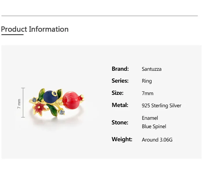 SANTUZZA Authentische 925 Sterling Silber Ringe für Frauen, Niedliche Blaubeeren & Granatapfel Emaille Früchte, Zarte Blumen, Edle Schmuckstücke – Detail 2