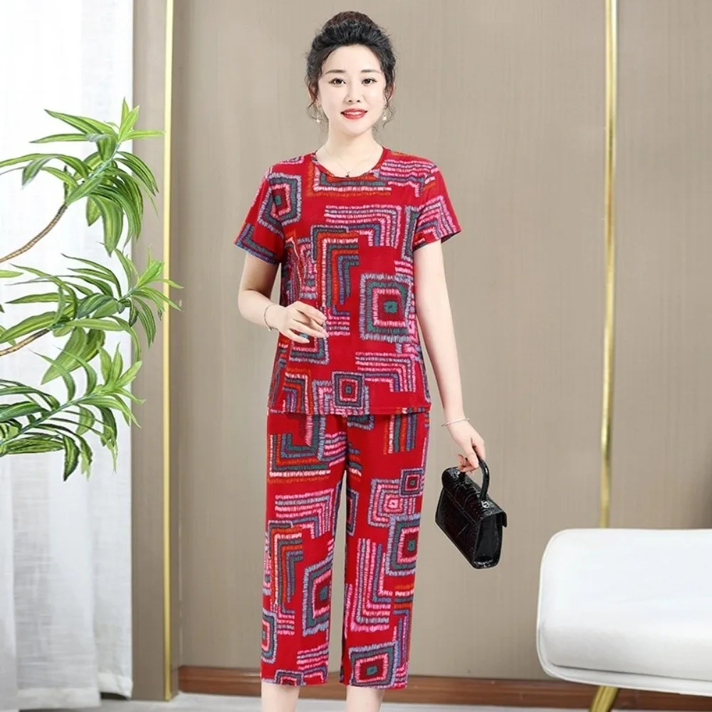 

Plus Size Elderly T-shirt Sets Stripe Loose Casual Loungewear Set Summer Short-sleeved Women Two Piece Set Old People
