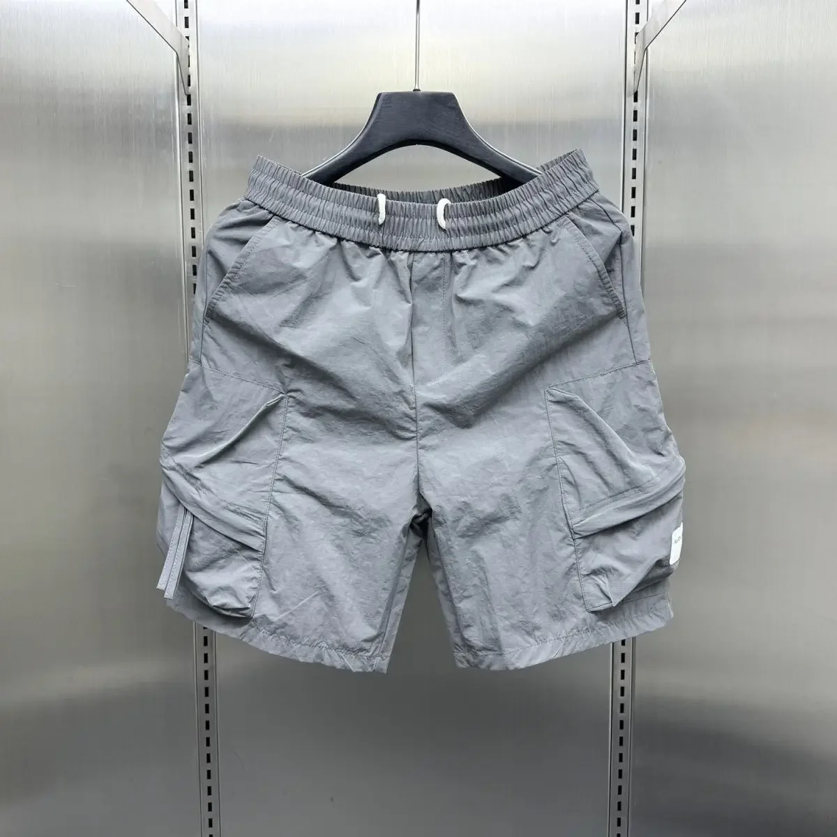 With Pockets Loose Short Pants for Men Bermuda Long Elastic Waist Solid Mens Cargo Shorts Draw String Baggy Wide Half Clothing
