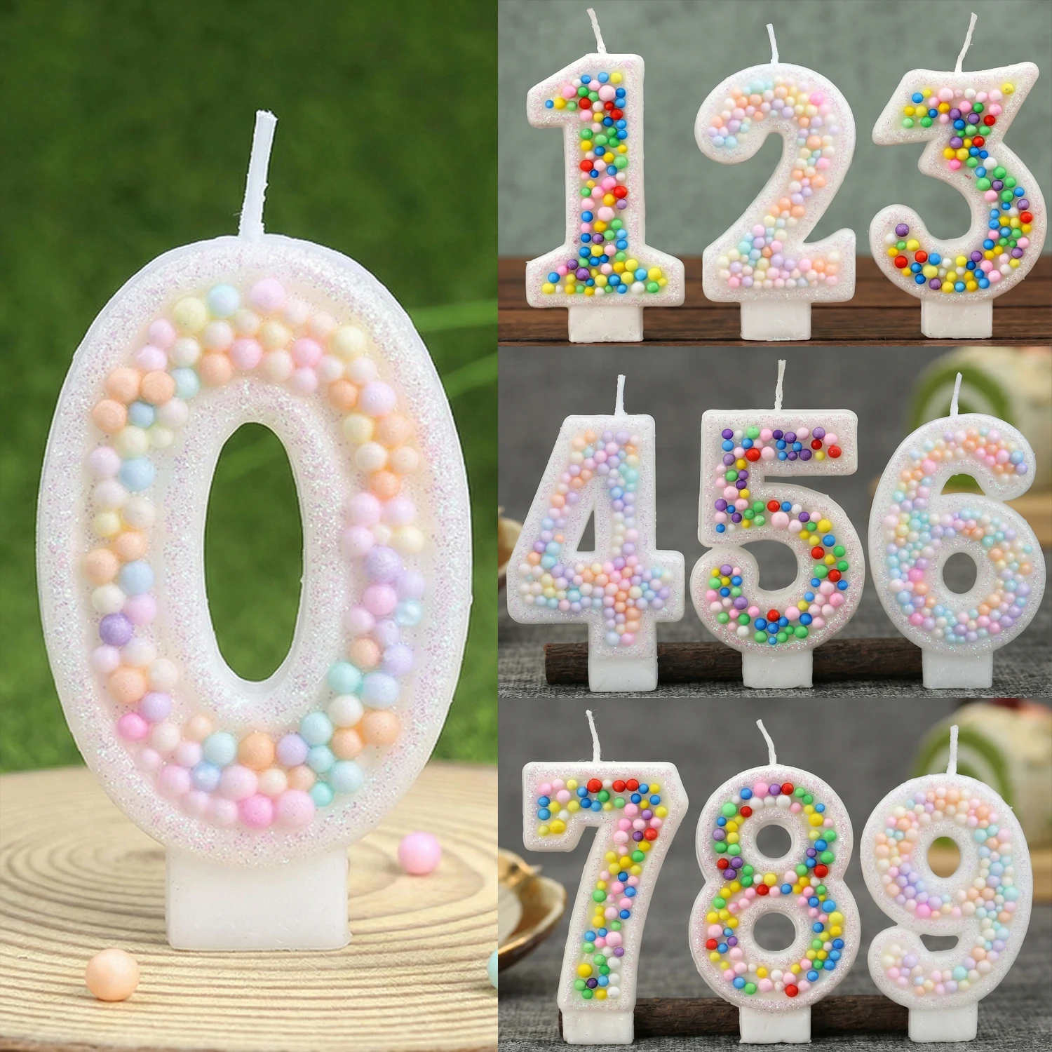 Unity Candle Set - เทียนวันเกิดรูปทรงลูกบอลสีรุ้ง หมายเลข 0-9 ประดับกลิตเตอร์สีชมพู สำหรับตกแต่งเค้กในงานวันเกิด งานเลี้ยงฉลอง