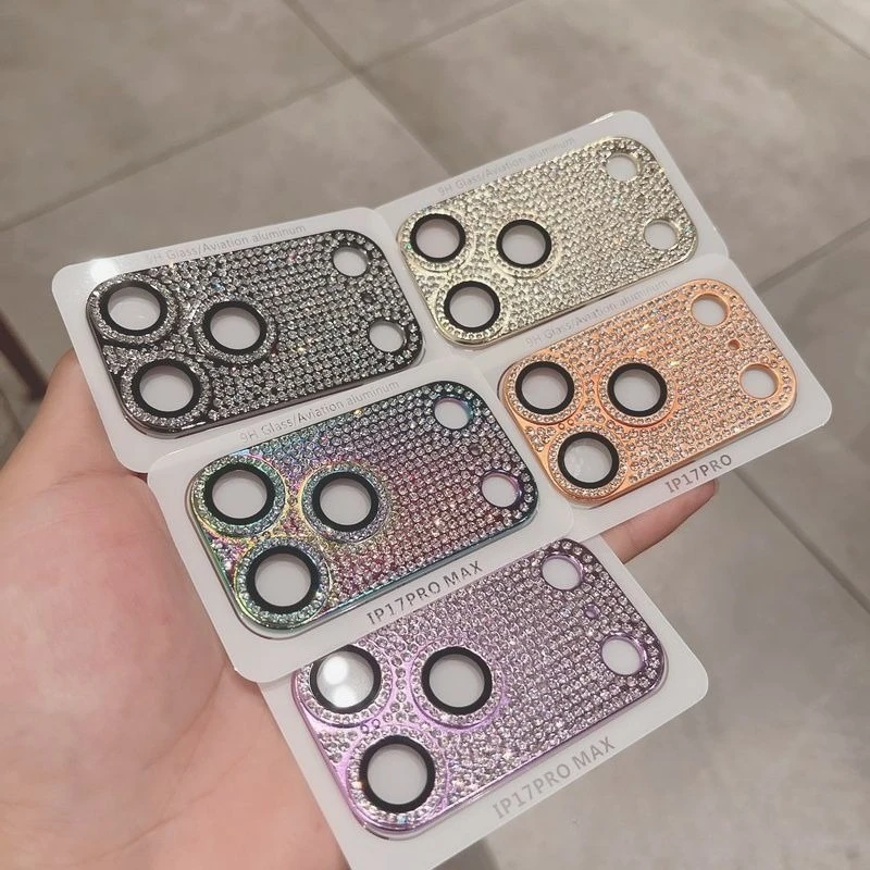 Bunte luxuriöse handgemachte 3D-Vollabdeckung mit Strasssteinen, geeignet für iPhone 17 Pro Max Objektivfolie für 17 Pro Rückfahrkamera-Schutz