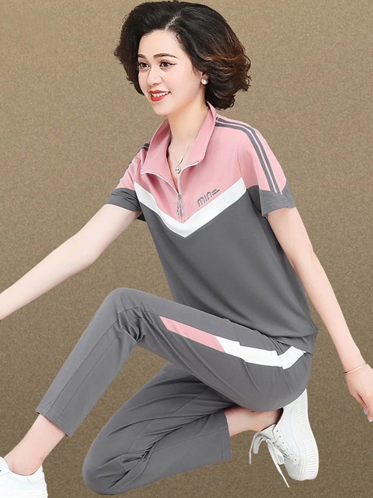 

Casual Sportswear Set Short Sleeve T-Shirt for Mom Summer Leisure Fashionable Middle-Aged Women's Clothing Neck Zipper