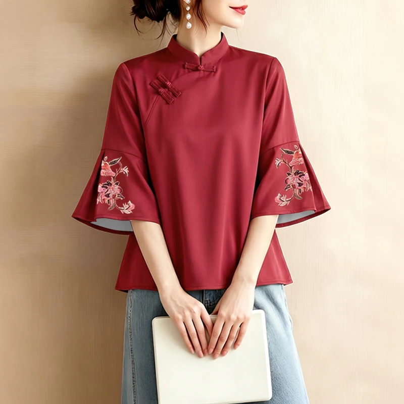 ZANZEA Chinesischer Stil Vintage Damenbluse, elegantes Arbeitshemd mit Stehkragen und 3/4-Ärmeln, bedruckte Oberteile mit Knöpfen, Blusas – Detail 6