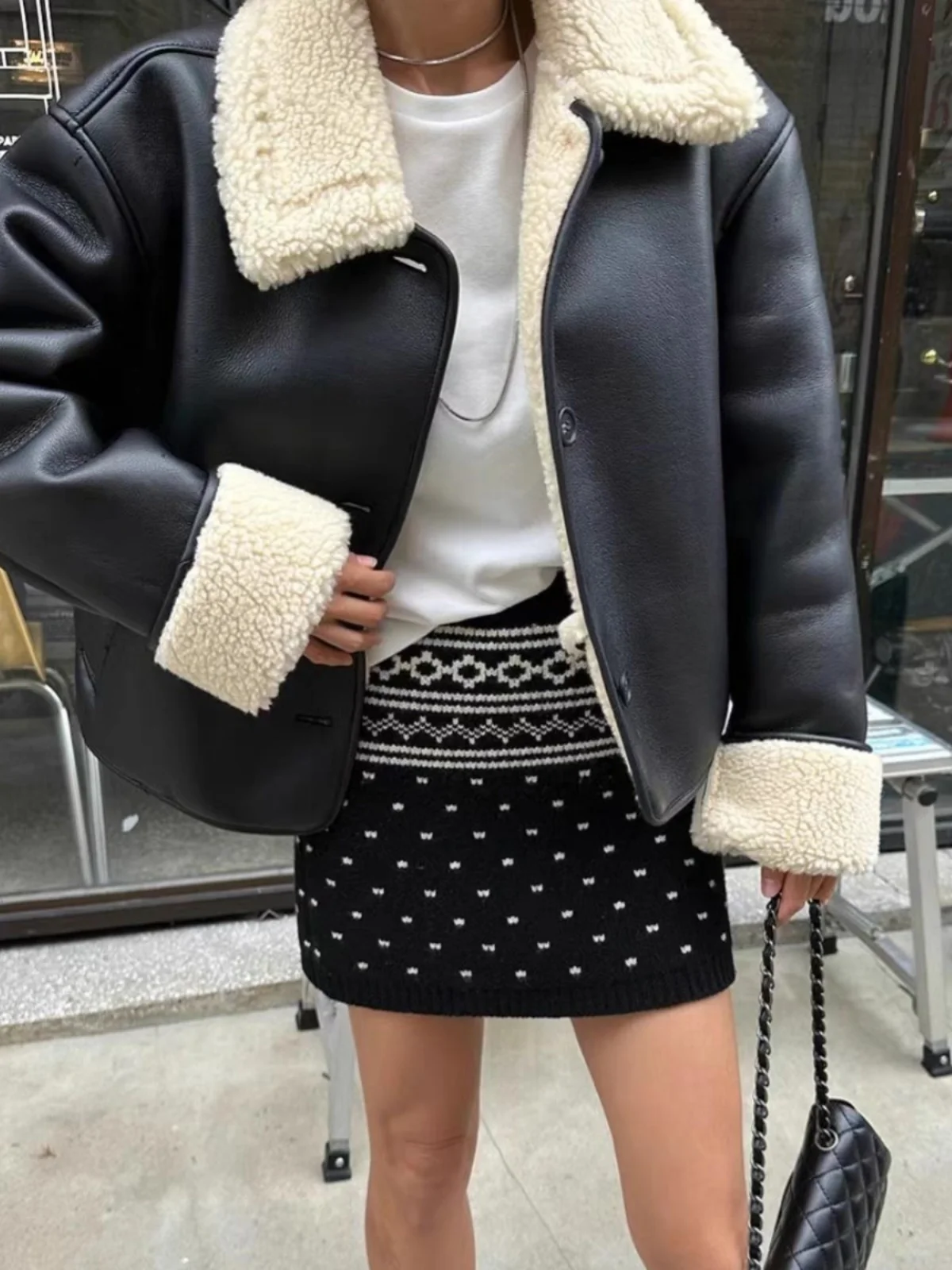 Chic ort Leather And Fur Jaet Women's Sli Vintage Hong Kong Sle Outerwear Trendy Top PU Leather Long Sve