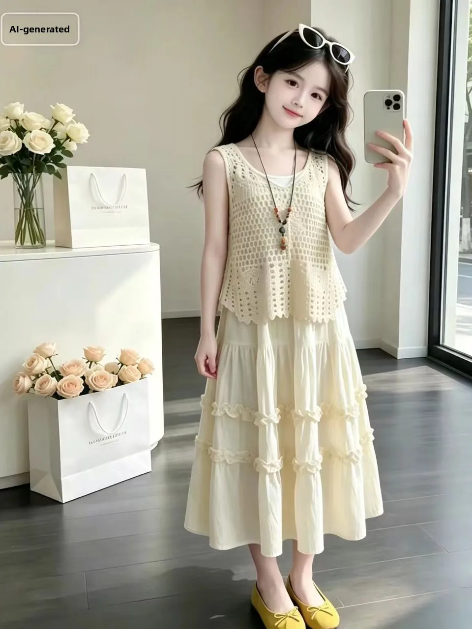 Conjunto de Verão para Meninas 2026 Novo Vestido Estilo Boêmio Conjunto de Duas Peças Roupas Infantis da Moda Calças Curtas de Cintura Alta Decote Red