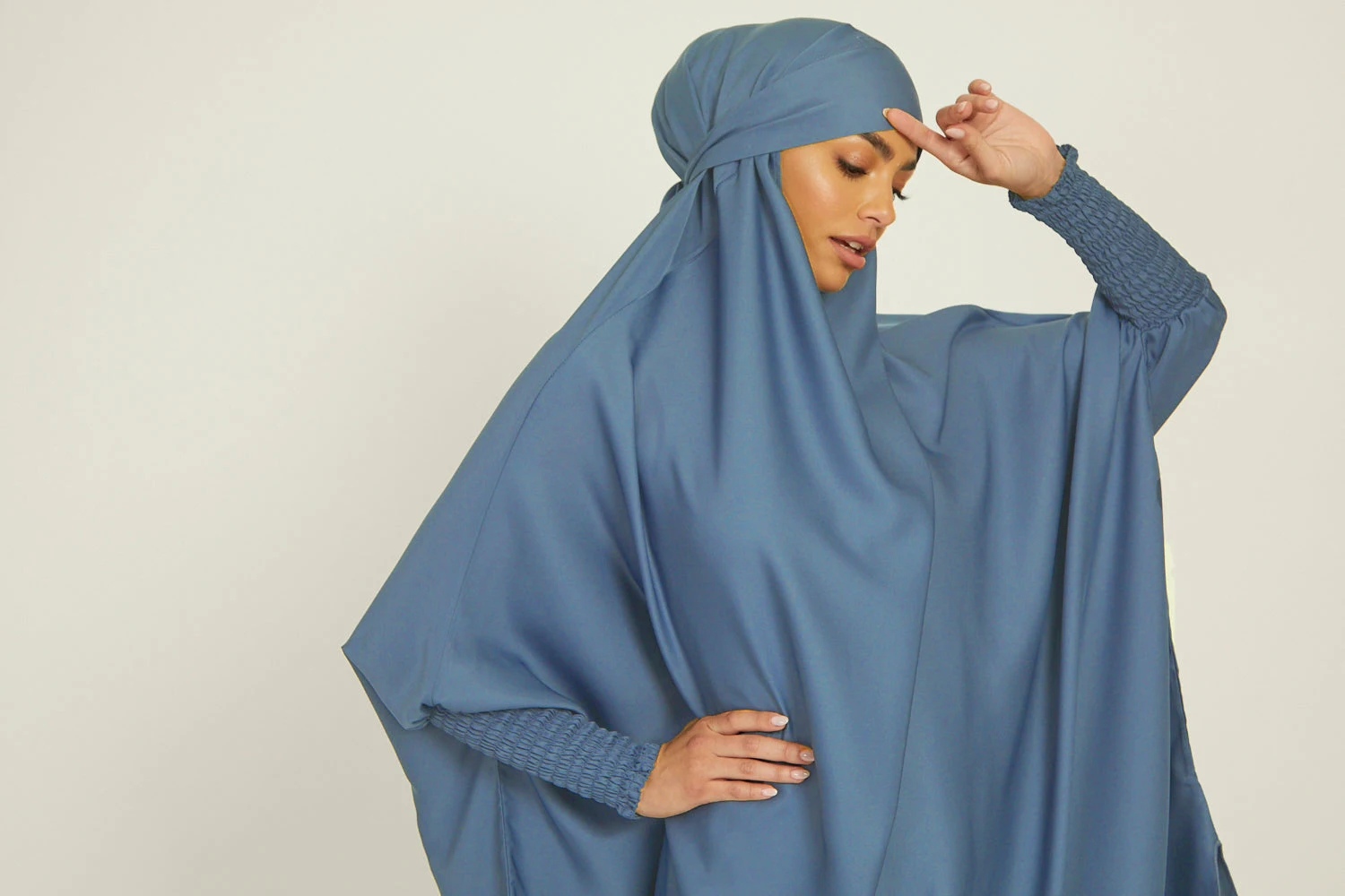 Two Piece Knee Length Jilbab Khimar Style Abaya and Skirt with Chunnat Slevees/Dolman Sleeves Grey Blue Color