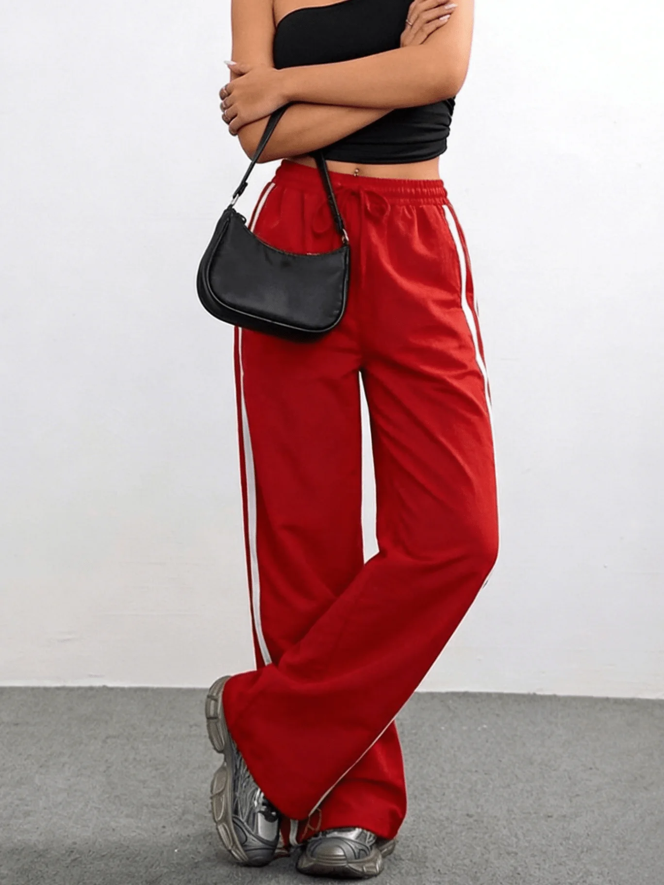 Women Red Side Stripe Wide Leg Track Pants Summer Casual Streetwear