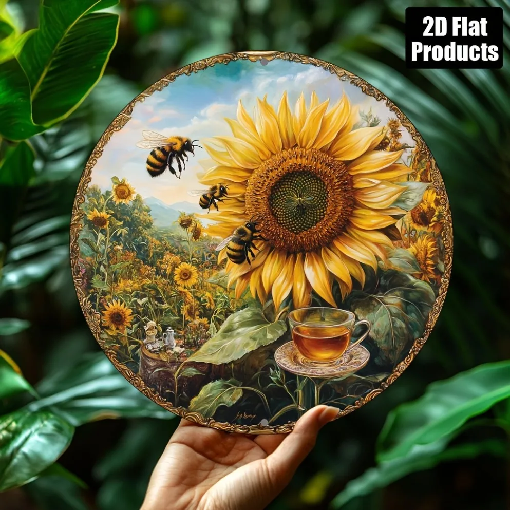 2d Vintage Sunflower & Bee Metal Sign - 1pc  Retro Themed Wall Art for Bar Kitchen Cafe Home Office Decor, Charming Gift Idea